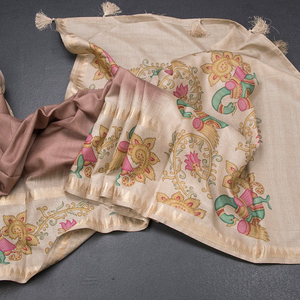 Tussar Light Brown Plain Saree With Temple Border