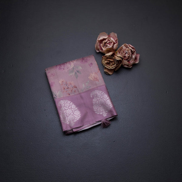 Raw Silk Onion Pink Zari Stripes With Floral Printed Saree