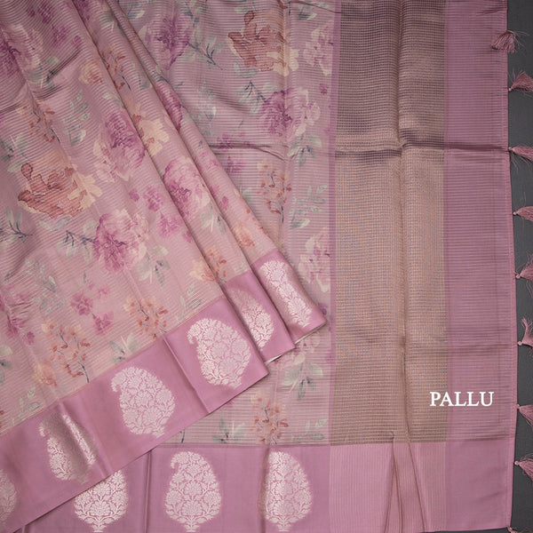 Raw Silk Onion Pink Zari Stripes With Floral Printed Saree