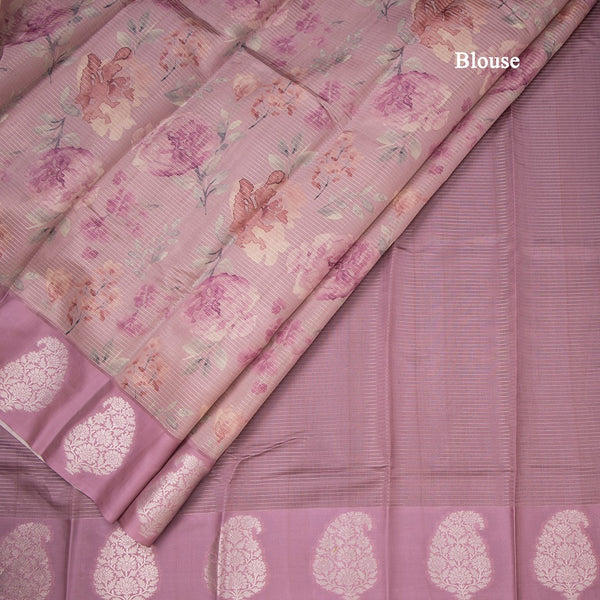 Raw Silk Onion Pink Zari Stripes With Floral Printed Saree