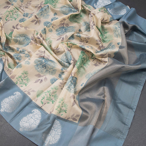 Raw Silk Cream Zari Stripes With Floral Printed Saree