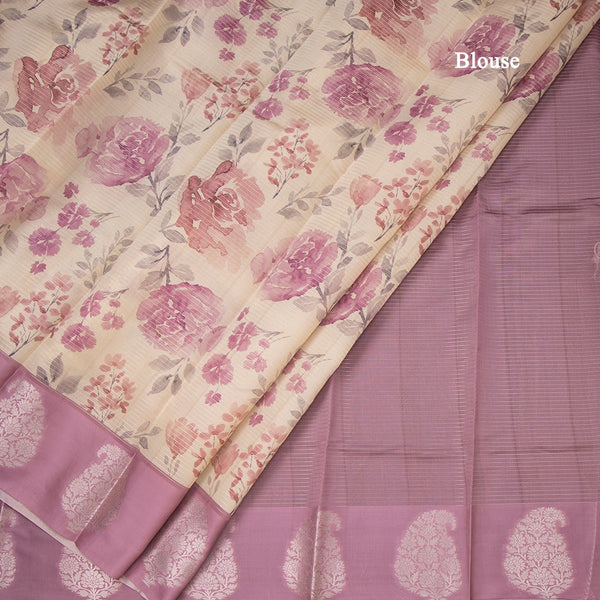 Raw Silk Cream Zari Stripes With Floral Printed Saree 02