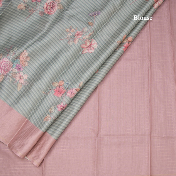 Raw Silk Pista Green Stripes Printed Saree With Zari Checks Border
