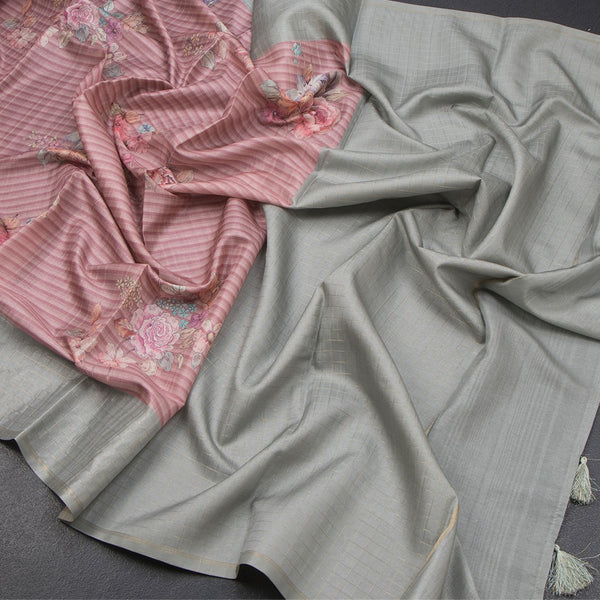 Raw Silk Onion Pink Stripes Printed Saree With Zari Checks Border 03