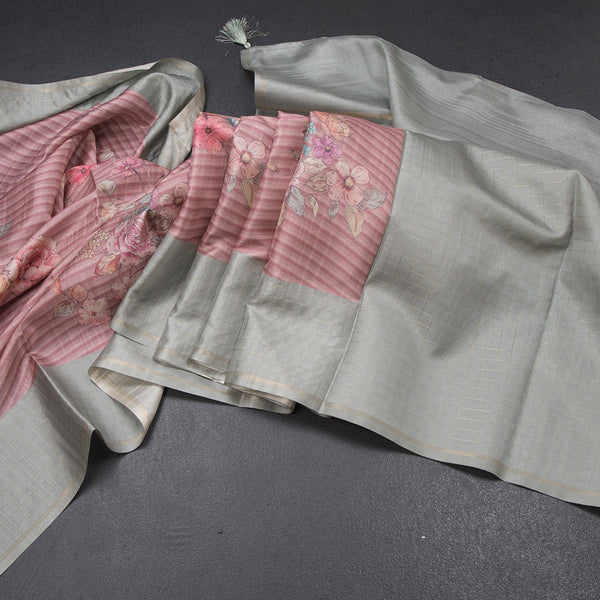 Raw Silk Onion Pink Stripes Printed Saree With Zari Checks Border 03