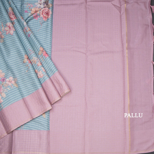 Raw Silk Light Blue Stripes Printed Saree With Zari Checks Border