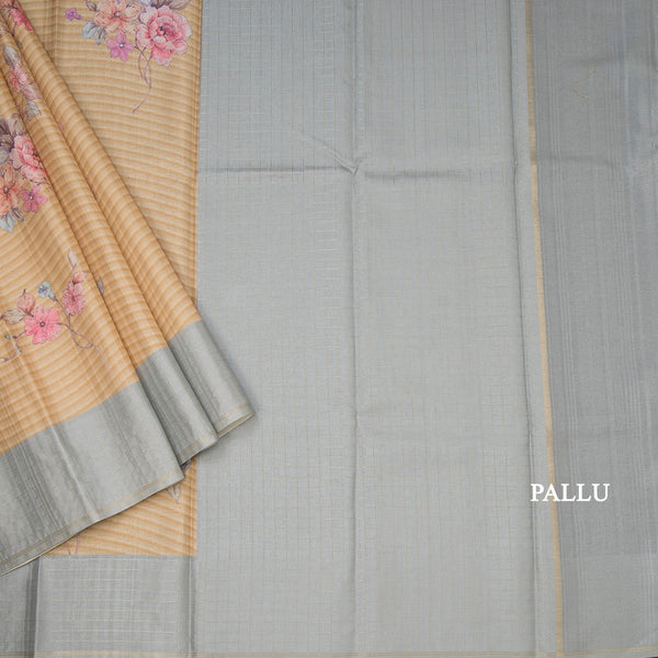 Raw Silk Mustard Yellow Stripes Printed Saree With Zari Checks Border