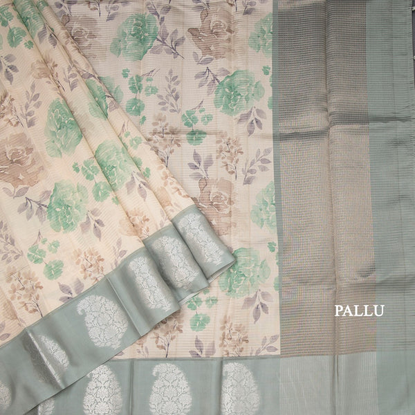 Raw Silk Cream Zari Stripes With Floral Printed Saree 04