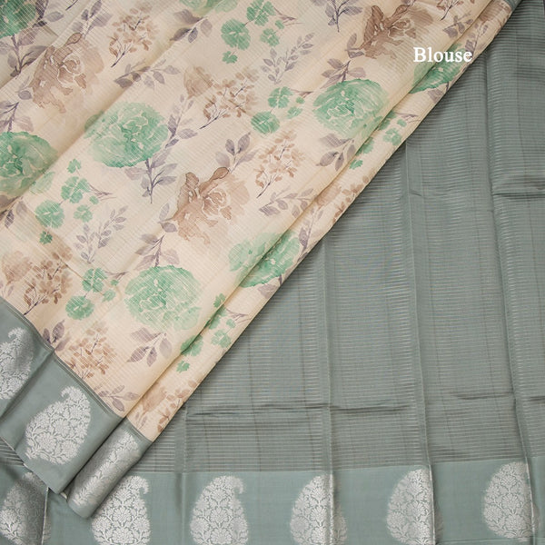 Raw Silk Cream Zari Stripes With Floral Printed Saree 04