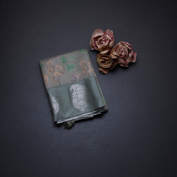 Raw Silk Sage Green Zari Stripes With Floral Printed Saree 02