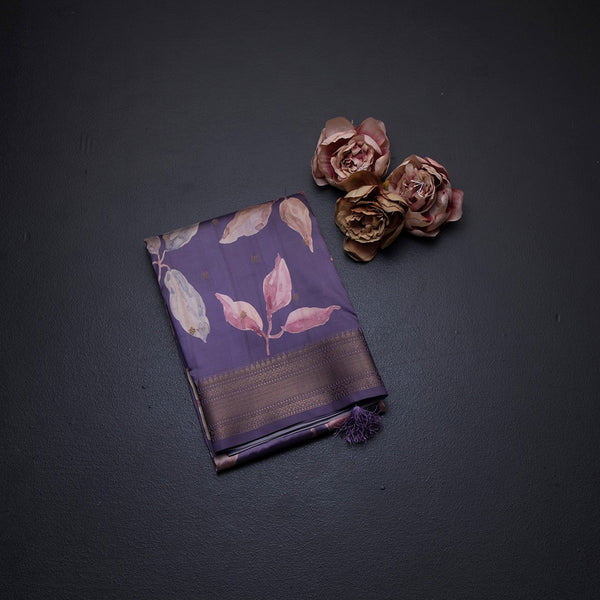 Raw Silk Dark Purple Floral Printed Saree With Zari Border