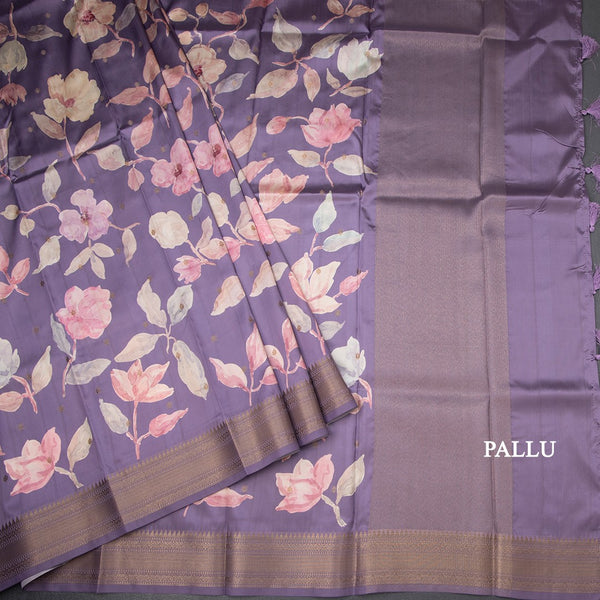 Raw Silk Dark Purple Floral Printed Saree With Zari Border