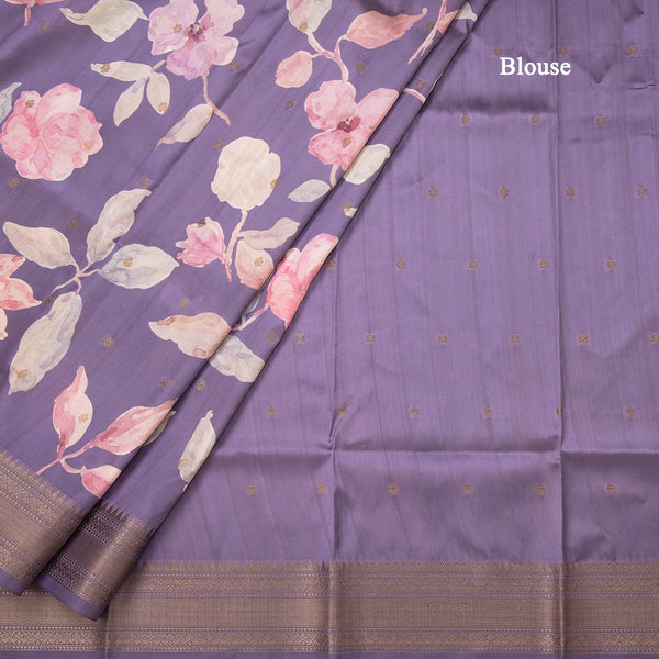 Raw Silk Dark Purple Floral Printed Saree With Zari Border