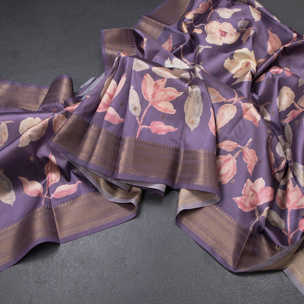 Raw Silk Dark Purple Floral Printed Saree With Zari Border