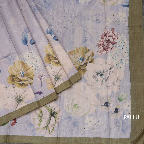 Semi Raw Silk Light Greyish Blue Floral Printed Saree With Ribbon Border