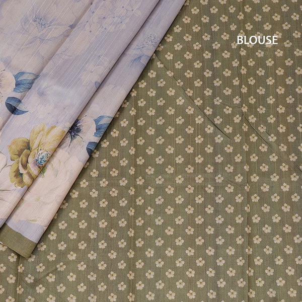 Semi Raw Silk Light Greyish Blue Floral Printed Saree With Ribbon Border