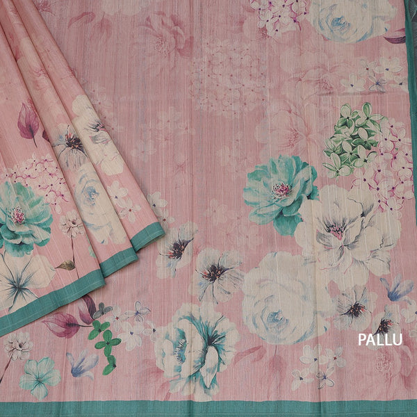 Semi Raw Silk Onion Pink Floral Printed Saree With Ribbon Border