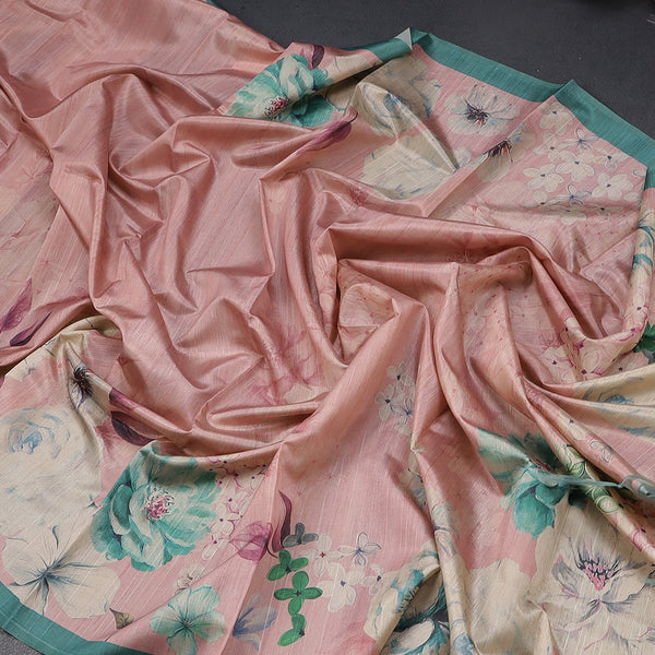 Semi Raw Silk Onion Pink Floral Printed Saree With Ribbon Border