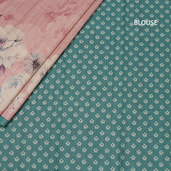 Semi Raw Silk Onion Pink Floral Printed Saree With Ribbon Border