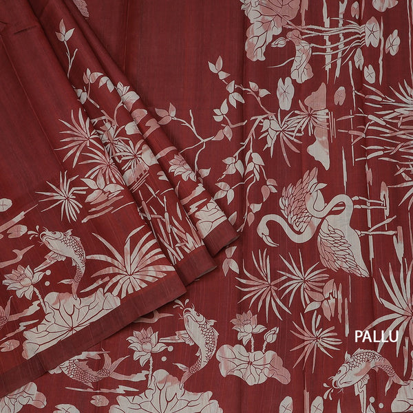 Semi Raw Silk Maroon Floral Printed Saree With Ribbon Border