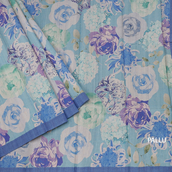 Semi Raw Silk Sky Blue Floral Printed Saree With Ribbon Border