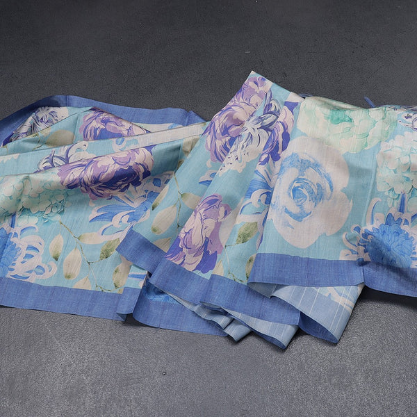 Semi Raw Silk Sky Blue Floral Printed Saree With Ribbon Border