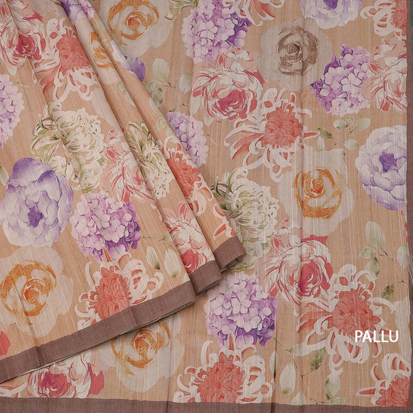 Semi Raw Silk Light Brown Floral Printed Saree With Ribbon Border