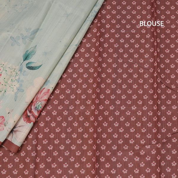 Semi Raw Silk Light Green Floral Printed Saree With Ribbon Border