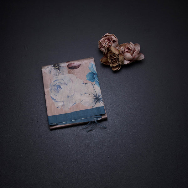 Semi Raw Silk Light Brown Floral Printed Saree With Ribbon Border 02