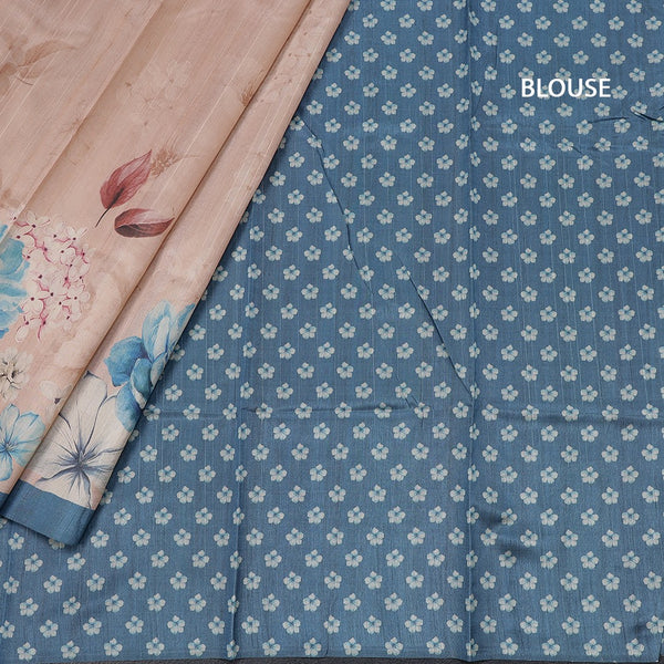 Semi Raw Silk Light Brown Floral Printed Saree With Ribbon Border 02