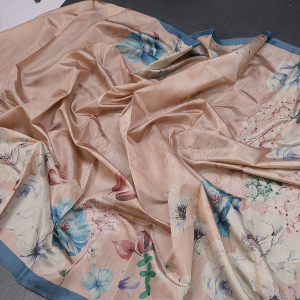 Semi Raw Silk Light Brown Floral Printed Saree With Ribbon Border 02