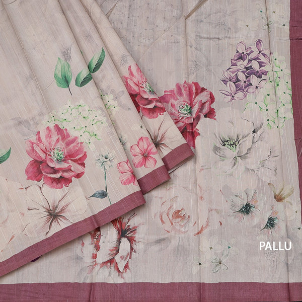 Semi Raw Silk Beige Floral Printed Saree With Ribbon Border