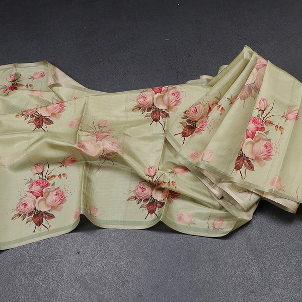 Semi Raw Silk Pista Green Floral Printed Borderless Saree