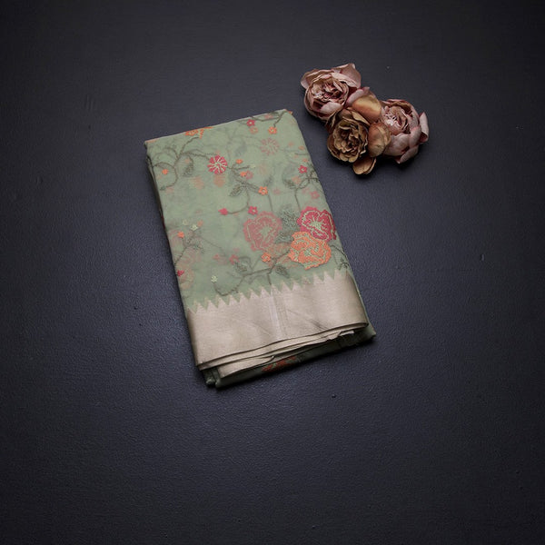 Organza Light Green Floral Thread Work Saree With Zari Border