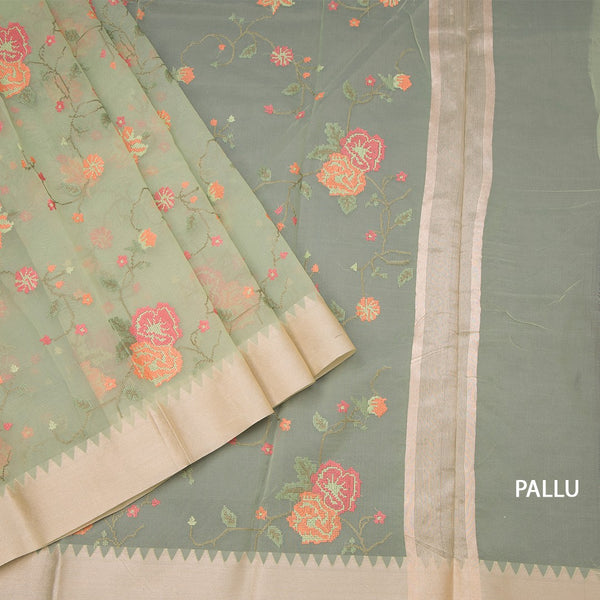 Organza Light Green Floral Thread Work Saree With Zari Border
