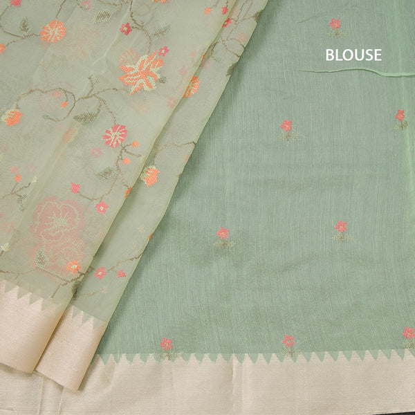 Organza Light Green Floral Thread Work Saree With Zari Border