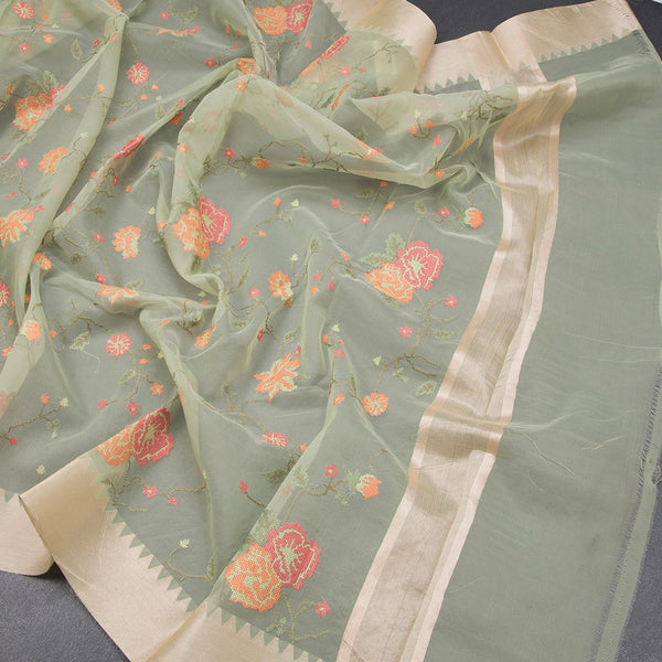 Organza Light Green Floral Thread Work Saree With Zari Border