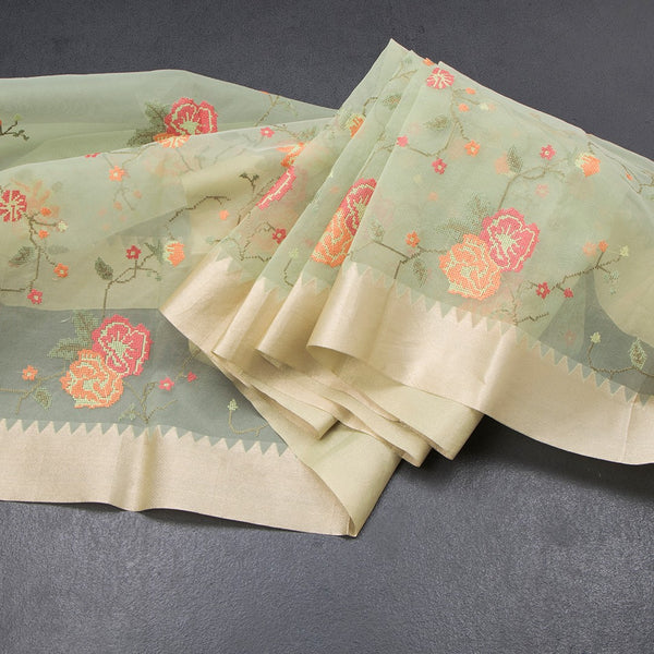 Organza Light Green Floral Thread Work Saree With Zari Border