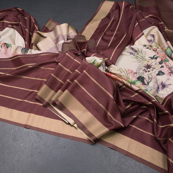 Raw Silk Maroon Zari Stripes Saree With Zari Border