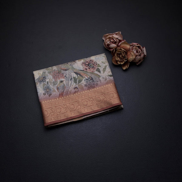 Raw Silk Cream Floral Printed Saree With Zari Border