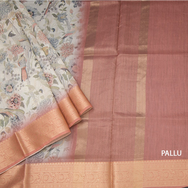 Raw Silk Cream Floral Printed Saree With Zari Border
