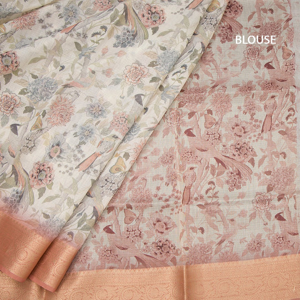 Raw Silk Cream Floral Printed Saree With Zari Border