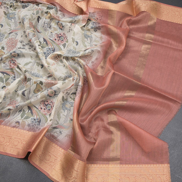 Raw Silk Cream Floral Printed Saree With Zari Border