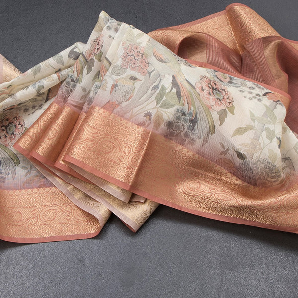 Raw Silk Cream Floral Printed Saree With Zari Border