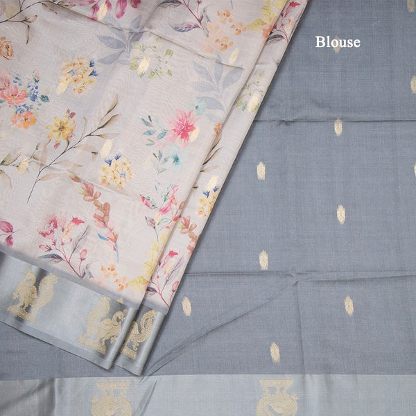 Raw Silk Grey Floral Printed Saree With Zari Border
