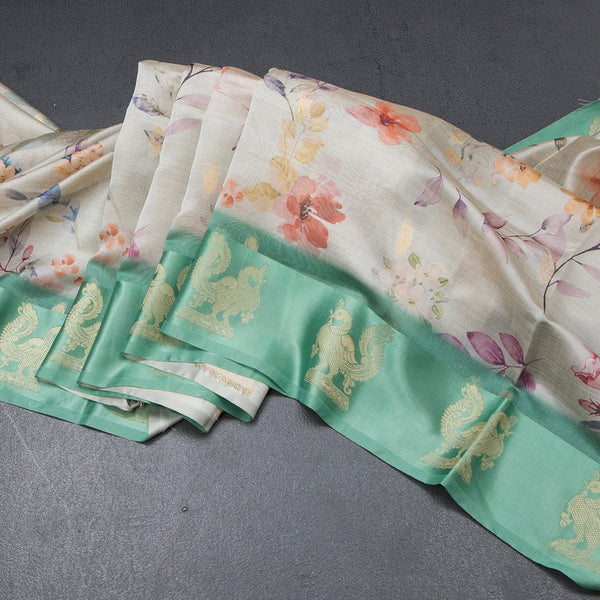 Raw Silk Light Green Floral Printed Saree With Zari Border