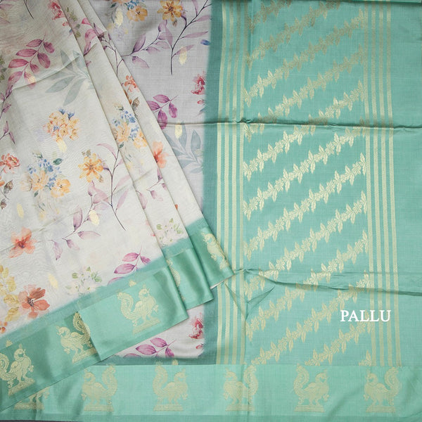 Raw Silk Light Green Floral Printed Saree With Zari Border