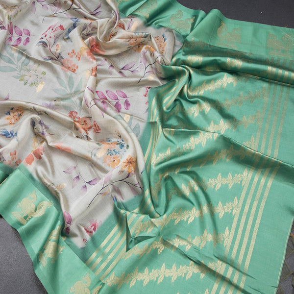 Raw Silk Light Green Floral Printed Saree With Zari Border