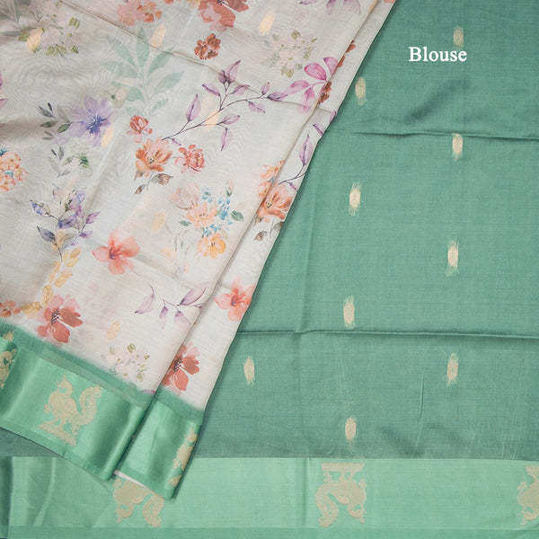 Raw Silk Light Green Floral Printed Saree With Zari Border