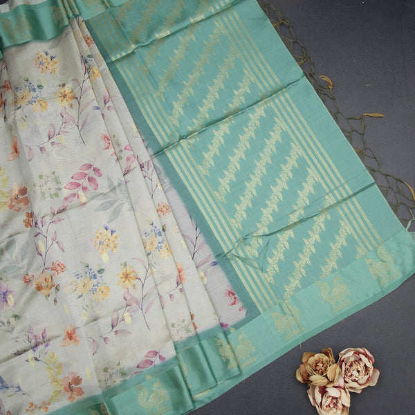Raw Silk Light Green Floral Printed Saree With Zari Border